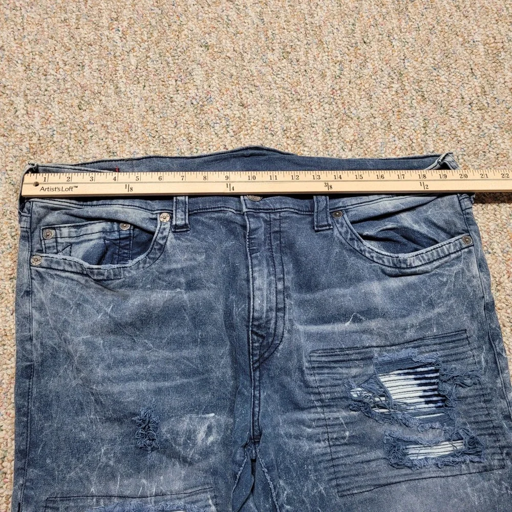 True Religion Rocco Jeans Mens 40 Blue Distressed Marbled Relaxed Skinny Fit